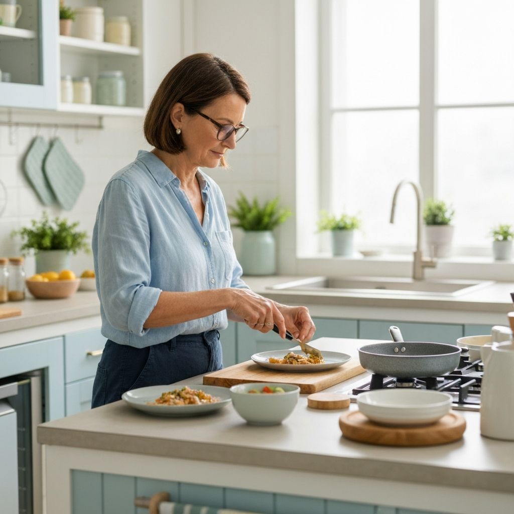 Pessoa a preparar refeição com atenção